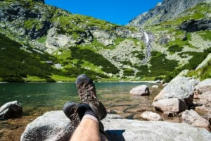 hiking shoes at lake